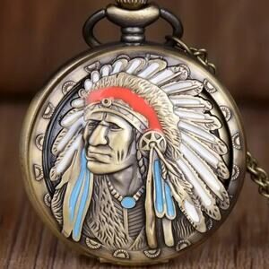 Native American Indian Pocket Watch Chief Headdress Turquoise Christmas Gift NEW